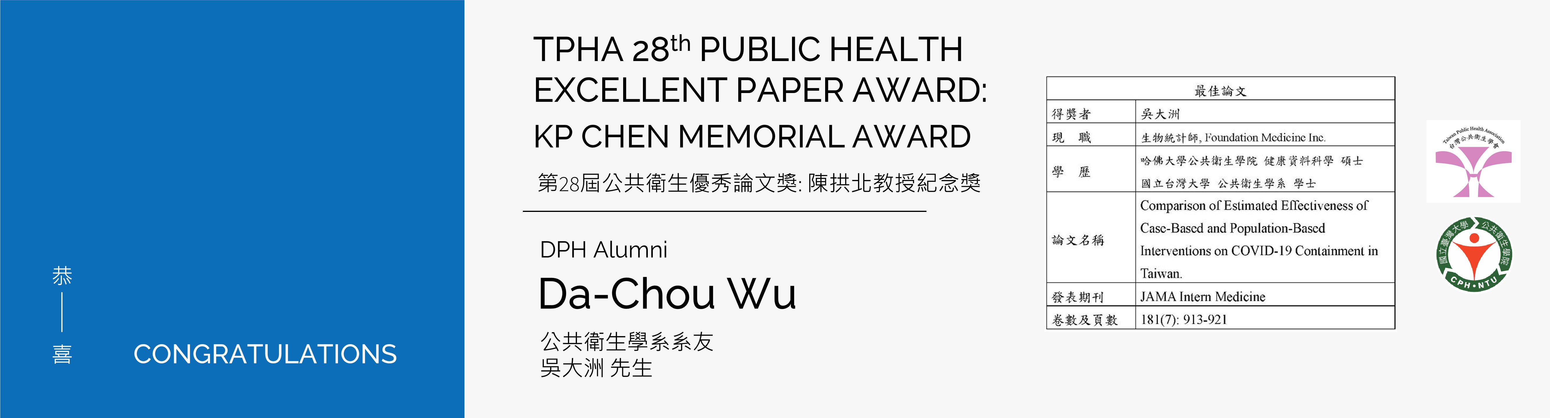 【Congratulations!】DPH Alumni Da-Chou Wu approached TPHA 28th Public Health Excellent Paper Award: KP Chen Memorial Award